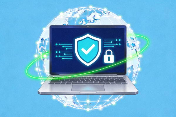 Ilustrasi laptop dengan simbol keamanan dan koneksi global, mewakili akses platform online yang aman