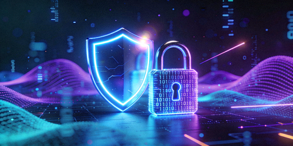 Ilustrasi perisai dan gembok digital, simbol keamanan siber dan perlindungan data