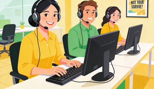 Ilustrasi tim customer service yang ramah siap membantu melalui headset dan komputer